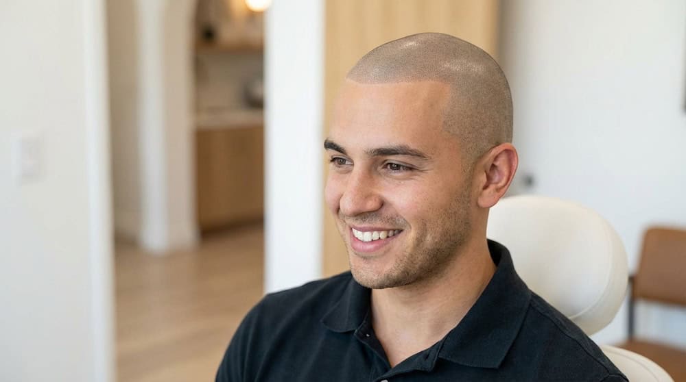 Paciente feliz sonriendo desdpues de Micropigmentación Capilar en Madrid en FUExpert Clinic, clínica capilar en Aravaca