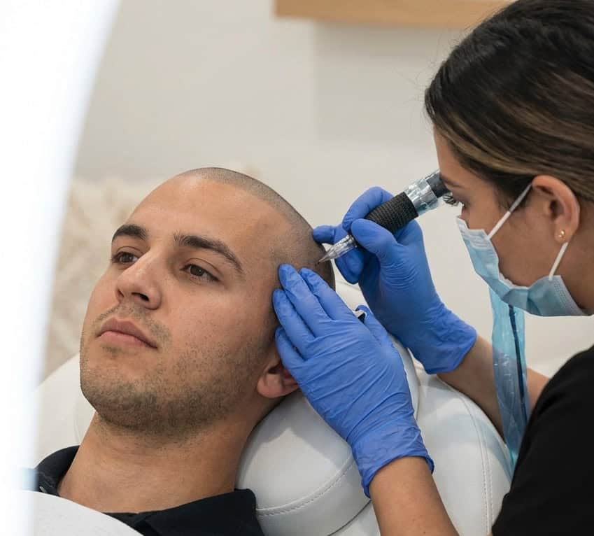 Micropigmentación capilar en las entradas: reconstrucción natural de la línea frontal en paciente de Madrid.
